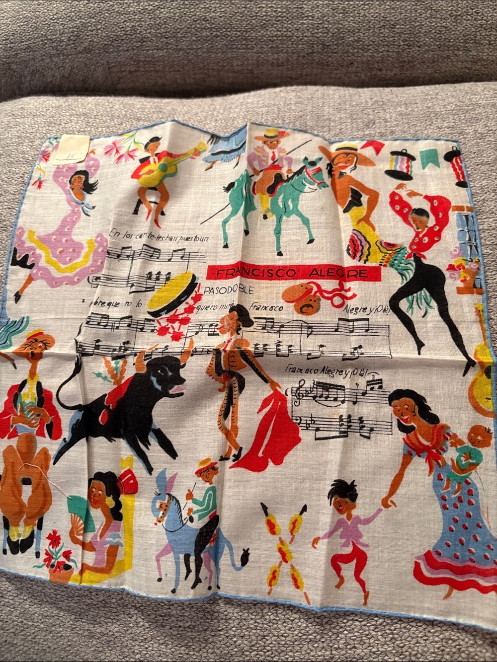 Cotton vintage souvenir handkerchief . Mexican bull fighting theme